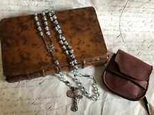 Antique French Child Silver 59 Pale Blue Glass Rosary with Leather Pouch c1900s picture