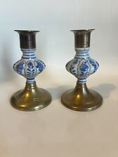 Brass & Blue White Porcelain Taper Candlestick Holders Jehvani picture
