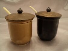 Rare Two Acorn Shaped Pottery Canisters w/Wooden Lids and Plastic Spoons, Japan picture