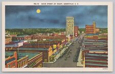 Linen~Air View Main Street At Night Greenville South Carolina~Vintage Postcard picture