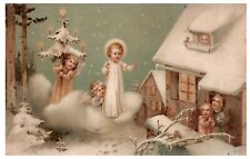 Postcard VIntage Christmas Baby Jesus Christ Messiah Angel Carry Candle Lit Tree picture