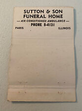 Vintage Sutton & Son Funeral Home, Paris Illinois, front strike matchbook cover picture