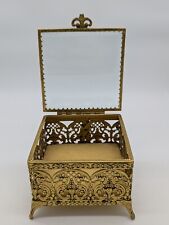 Vintage Gold Ormolu Jewelry Box Square Footed Glass Lid Hollywood Regency Style  picture
