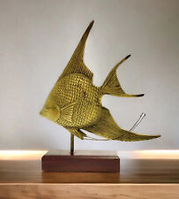 Fish Figurine Tropical Metal Sculpture on Wood Stand Vintage Nautical Decor picture