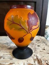 Burnt Orange Red CAMEO GLASS VASE Oak Leaves & Acorns-Galle Style 7-1/2” EXC picture