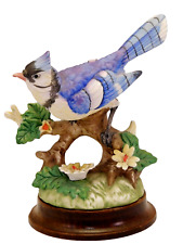 Blue Bird Figurine Perched Branch Yellow Flowers Wood Base Georgian Porcelain picture