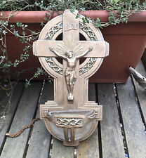 Antique French HolyWater brass 1800s 8” crusafix cross crown of thorns brass picture