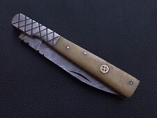 DAMASCUS STEEL CUSTOM MADE POCKET FOLDING KNIFE BONE HANDLE W/SHEATH J740 picture
