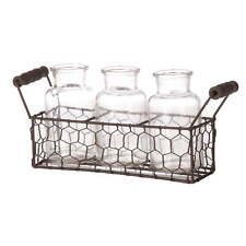 new Brown Chicken Wire Storage Basket with Handles and 3 Glass Bottles picture