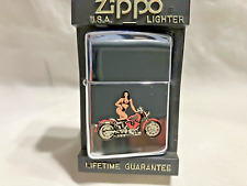 Unfired 1996 High Polished Old Motorcycle with Sexy Rider Pinup Zippo Lighter picture