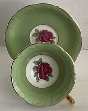 Paragon SEA FOAM GREEN w RED CABBAGE ROSE Tea Cup & Saucer RAISED EMBELLISHMENTS picture