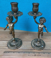 Antique Pair of Brass Cherub Candlestick Candelabra Candle Holder picture