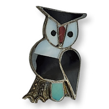 Vintage Zuni Native American Sterling Silver 925 Owl Inlay Brooch Pin picture