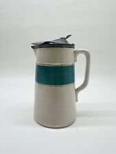 Vintage Green And White Ceramic Syrup Pitcher With Pewter Lid. picture