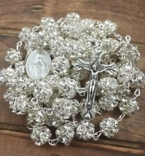 White Clear Zircon Crystal Beads Rosary Catholic Necklace Miraculous Medal Cross picture