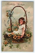 1909 Birthday Greetings Pretty Girl Flowers Basket Embossed Altoona PA Postcard picture