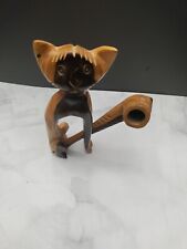 One Of A Kind Unique Hand Carved Wooden Cat With Pipe With Face picture