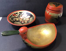 Set Of  Vintage Russian USSR Lacquer Ware Wood Items, Bird, Box, Dish picture