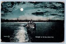 Detroit Michigan MI Postcard Moonlight On The River 1908 Steamer Ship  Antique picture