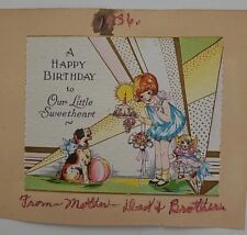 1936 Vtg HAPPY BIRTHDAY TO OUR LITTLE SWEETHEART Deco GIRL w DOLL & Puppy CARD picture