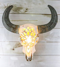 Southwest Tooled Lace Horned Steer Bull Cow Aged Bone Skull LED Light Wall Decor picture
