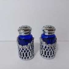 Godinger Chrome Cobalt Blue Glass Salt & Pepper Shakers picture