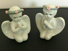 Vintage Pair of Kneeling White Glazed Porcelain Angels With Rose Halo Figurines picture