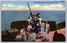WWII Linen Postcard Anti-Aircraft Gun Aboard an Aircraft Carrier sailors ww2 picture