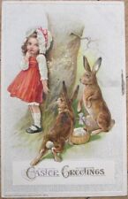 John Winsch 1914 Easter Postcard, Girl and Rabbits, Embossed Color Litho picture