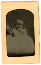 CIRCA 1800'S ANTIQUE Cartouche TINTYPE Adorable Baby  White Dress Sucking Thumb picture
