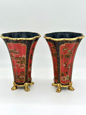 Pair of French Style Claw Footed Handpainted Vase Red Black Gold 12” Scallop Rim picture