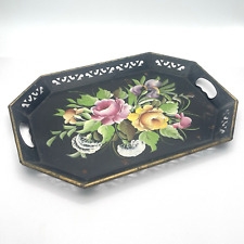 Vintage Hand Painted Floral Toleware Serving Tray Roses Iris 18