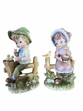 Vintage Lefton China Pair Little Girl & Boy On Fence Ducks Chicks Figurines picture