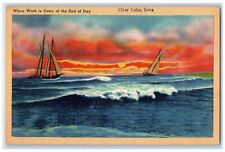 c1930's Sunset View And Sailboat Clear Lake Iowa IA Unposted Vintage Postcard picture