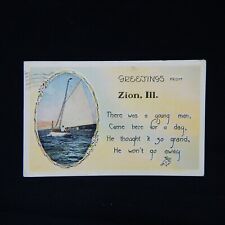 GREETINGS FROM ZION, ILL. SAIL BOAT ON THE LAKE POSTMARKED 1917 picture