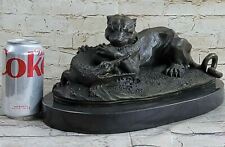 Handcrafted Battle Between a Ferocious Lion and Crocodile Bronze Sculpture Decor picture