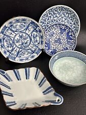 4 Japanese Chinese Blue And White Porcelain Plates Bowls picture