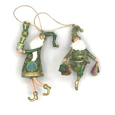 2 Whimsical Elf Ornaments Christmas Resin Gifts Bags Green Gold Shimmer 5” picture