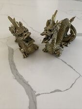 2 New Dragon Feng Shui Figurine Statue for Luck & Success Golden Bronze Color picture