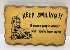 Rare VTG Paulas Wooden Postcard Motto Keep Smiling It Makes People Wander 5.5 in picture