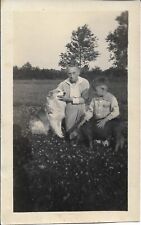 Lady Boy Dog Photograph 1930s Outdoors Trees Vintage Fashion 2 7/8 x 4 5/8 picture