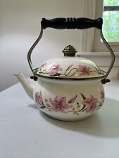 Tea Kettle Vintage Normandy Enamel Wooden Handle Nostalgia Cottage Pink Floral picture