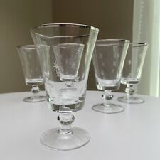 5 Atomic Starburst Footed Wine Glasses etched glass 1950s Silver Rim MCM  VTG picture