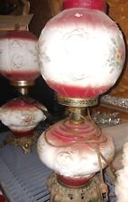 2 Red And White antique Lamps With 2 Globes And Flowers Like GWTW,both Work Good picture