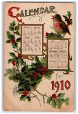 1910 New Year Monthly Calendar Holly Singing Bird Embossed Troy NY Postcard picture