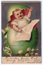 c1910's Easter Greetings Baby In Giant Hatched Egg Embossed Antique Postcard picture