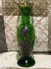 Vintage Green Glass Vase With Gold Trim And Flowers Japan 8” T picture