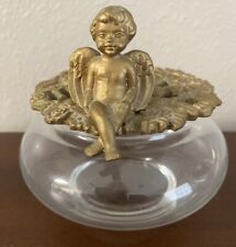 Glass Potpourri Trinket Vintage Round Antique Gold Color Cherub Angel picture