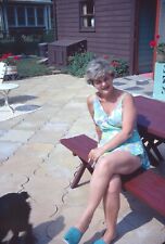 1972 Older Woman Blue Swimsuit Sitting by Pool Smoking 70s Vintage 35mm Slide picture