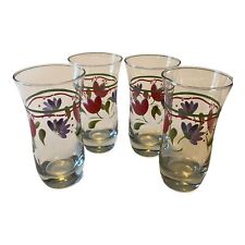 Set of 4 Vintage Libbey Red Tulip Purple Flower Hurricane Style Drinking Glass picture